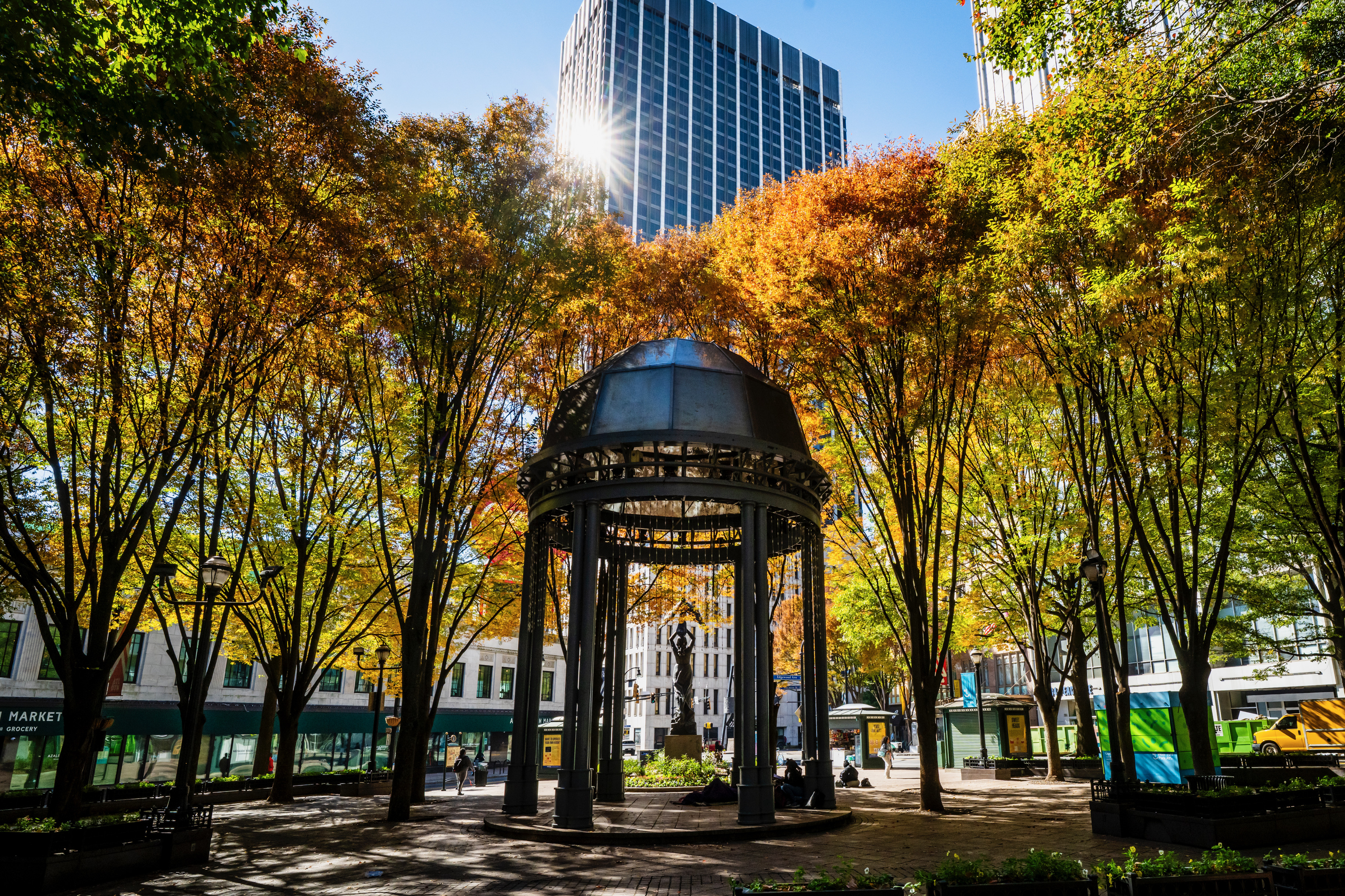 The gazebo in Woodruff Park on Georgia State's downtown campus, framed by trees in fall color