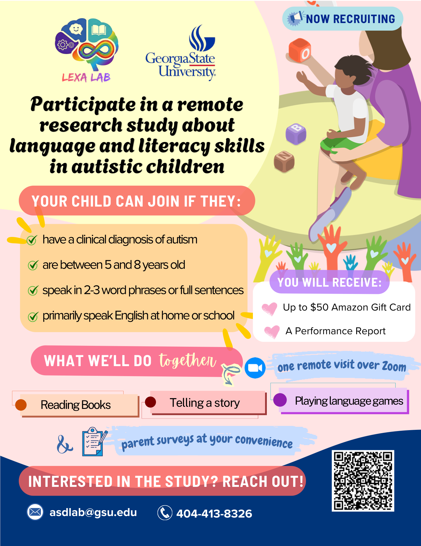 Project READ recruitment flyer for a remote language and literacy study for autistic children ages 5 to 8